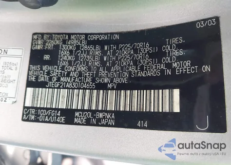 2003 Toyota Highlander V6 z USA, uszkodzony, nr VIN JTEGF21A830104655